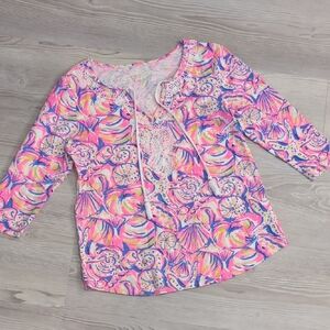 Lilly Pulitzer M Colorful Sea Shell Patterned Blouse Quarter Sleeve Cotton